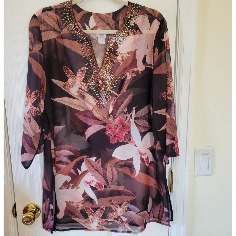 Chico's Sheer Tunic Top Embellished Floral Multicolor Brown Pink Pullover  Boho‎